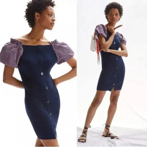 Anthropologie Maeve Puff Sleeve Mini Dress Medium Ribbed Navy Blue Button Front